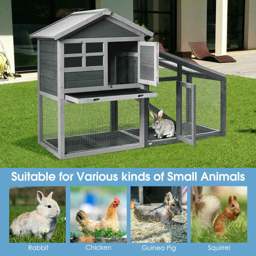 GVN Bunny Cage House Pet Cage,56.5 Inch Length Wooden Rabbit Hutch with Pull out Tray and Ramp