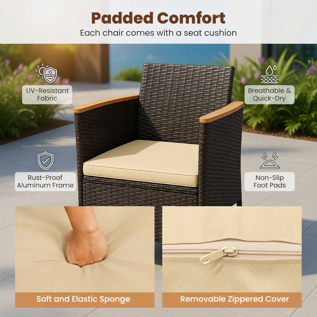 Hommoo 4-Piece Outdoor Dining Chair Set, High-Back Wicker Patio Chairs with Cushions, PE Rattan & Acacia Wood Frame, Weather-Resistant for Backyard, Porch & Poolside, Natural