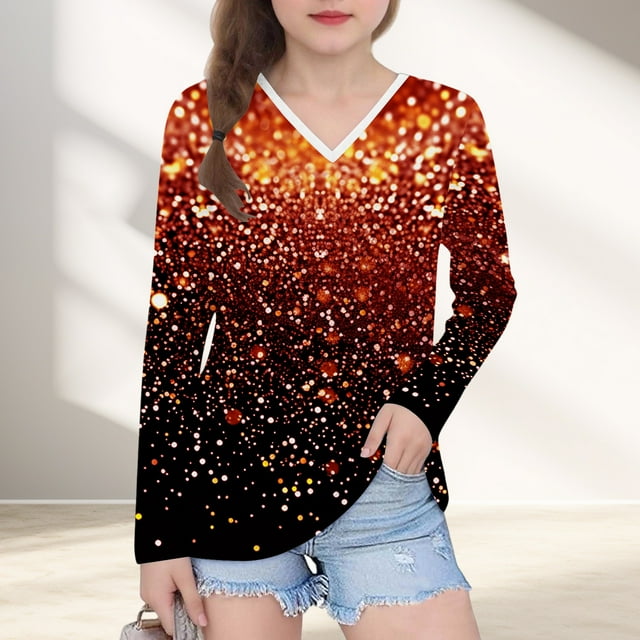 YUNAFFT Girls V-Neck Top Long Sleeve Star Gradient Print Pullover Trendy Celestial Design