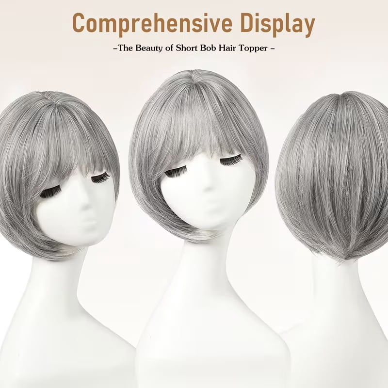 Silver gray women's short bob wig straight hair with bangs synthetic fiber hair piece suitable for thin hair
