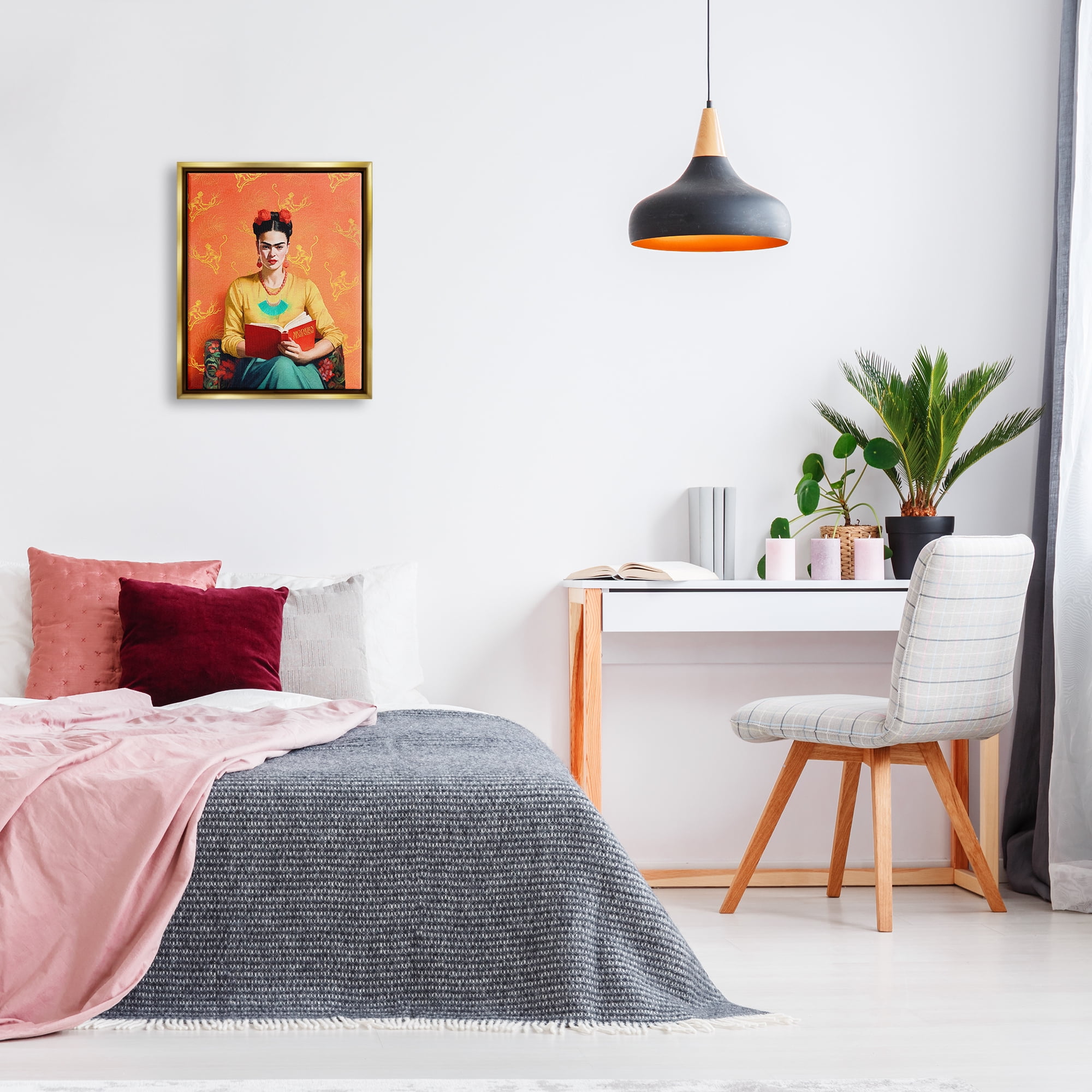 Stupell Industries Modern Frida Kahlo Literature & Flim Painting Gold Floater Framed Canvas Art Print Wall Art, 17 x 21
