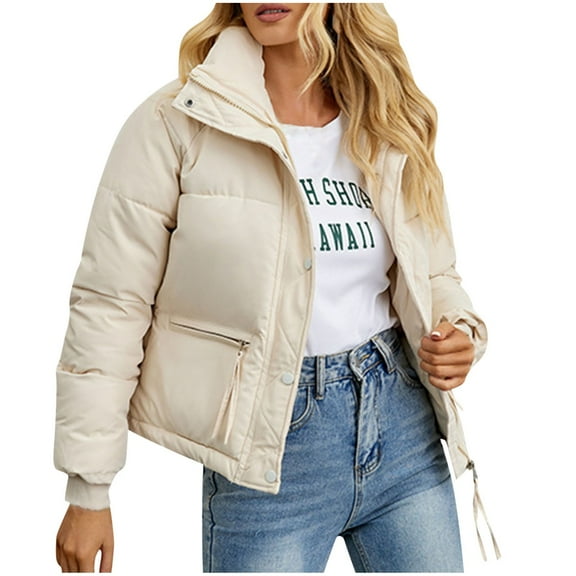 ABATAB Women’s Winter Cropped Puffer Padded Jackets Warm Soft Quilted Outwear Baggy Long Sleeve Zip up Coats with Pockets(X-Large,White)