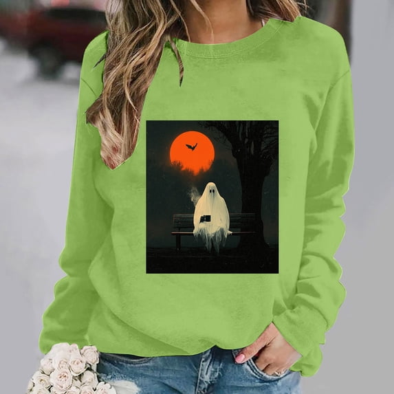 VKOYWKM Spooky Halloween Sweatshirt for Women Ghost Pumpkin Graphic Oversized Sweatshirt Crew Neck Long Sleeve Casual Fall Sweatshirt Holiday Party Pullover