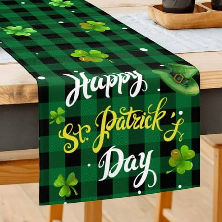 

SPXUBZ St. Patrick s Day Table Runner Green Black Buffalo Plaid Hat Clover Happy St. Patrick s Day 13x72 Inch Table Runner for Home Kitchen Dining Table Table Holiday Decoration