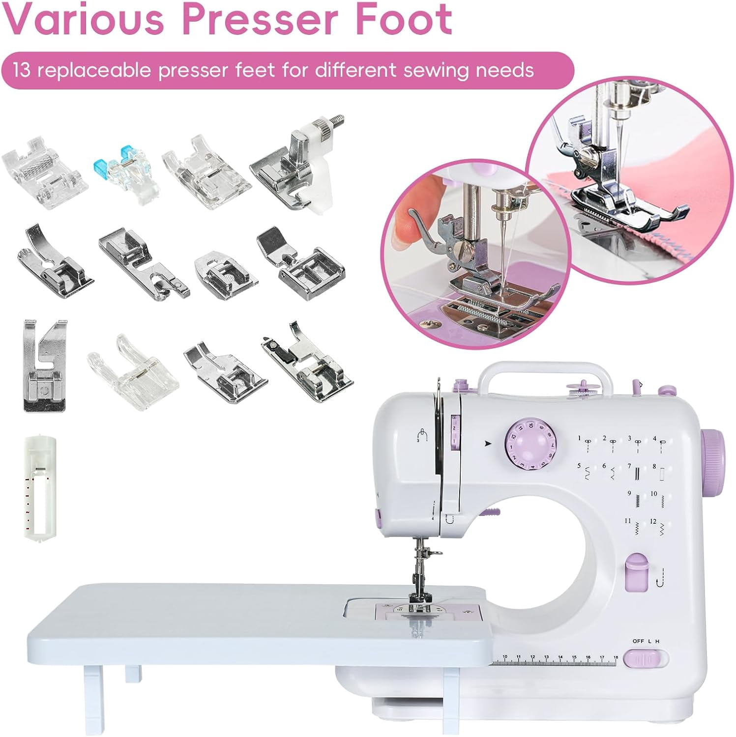 Sewing Machine for Beginners, Portable Mini Sewing Machine with 13 Replaceable Presser Feets, Built-in 12 Stitches, Extension Table, 39 Colors Thread, Reverse Sewing, 2 Speed Foot Pedal, Sewing Kit