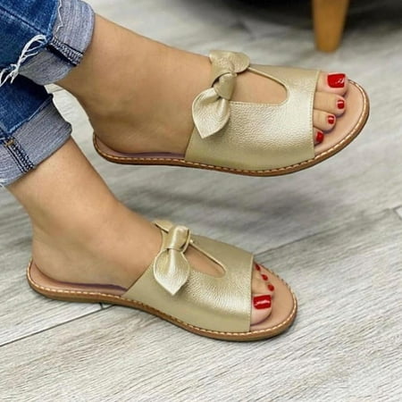 

〖Yilirongyumm〗 Gold 38 Slippers For Women Summer Shoes Toe Slip Peep Beach On Flat Bowknot Hollow Womens Ladies Slippers Women s Slipper
