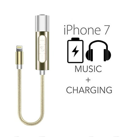Music Extender - Lightning to 3.5 mm AUX Headphone Extender Jack Adapter with Adjustable Music Control (No Microphone) with Charging Interface Designed for iPhone 7 / 7 Plus (Gold)