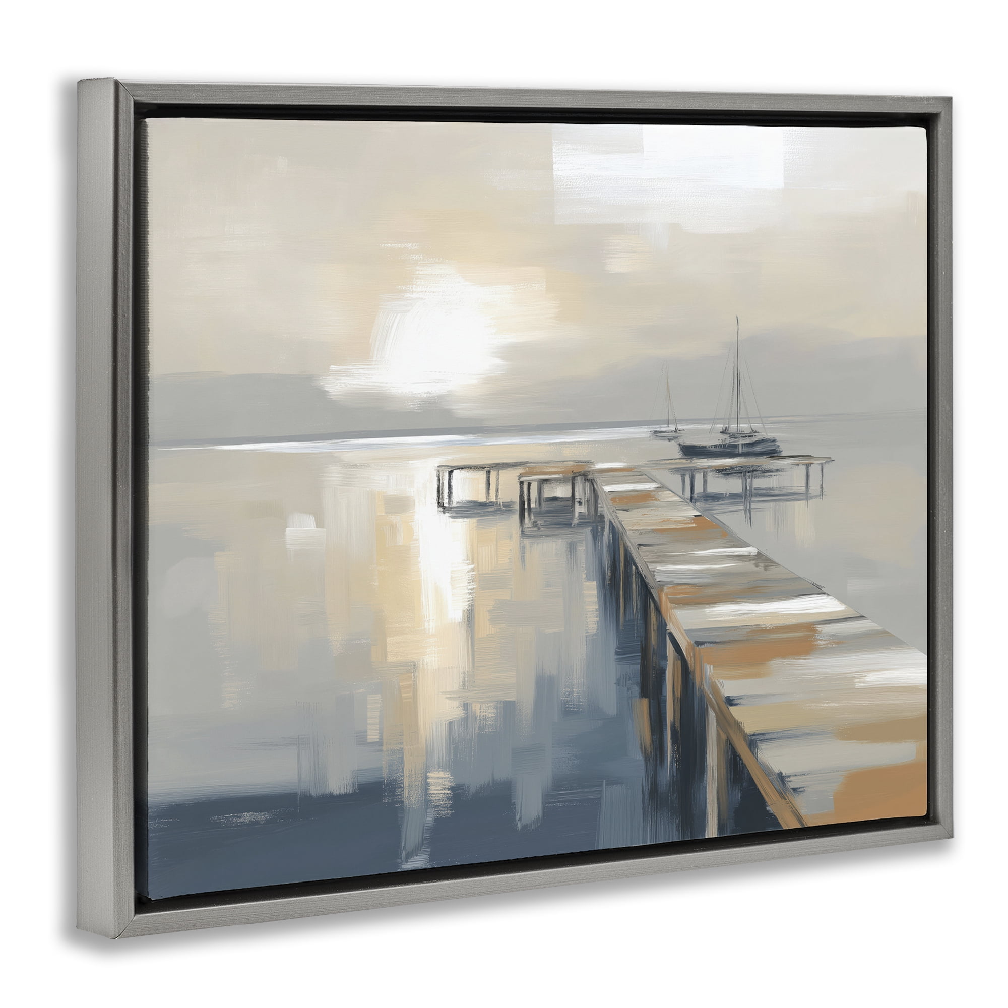 Stupell Industries Pier with Sailboat Seascape Gray Framed Floater Canvas Wall Art, design by Kim Curinga
