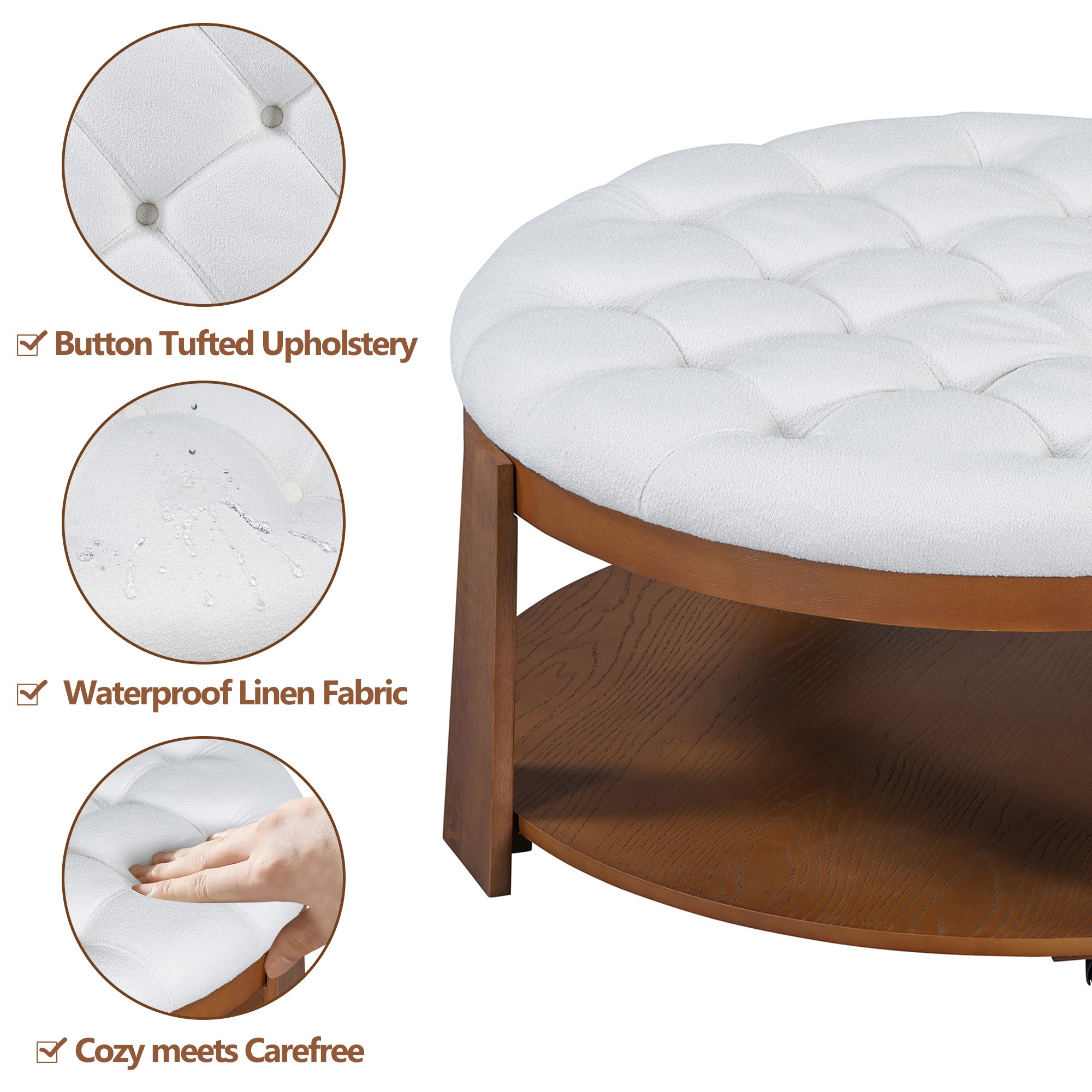 Leumius Coffee Table,2-Tier Round Oversized Button Tufted Ottoman with Wood Shelf Storage for Living Room,Ivory White