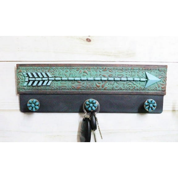 Rustic Southwestern Floral Lace Turquoise Arrow 3-Peg Hooks Wall Decor Plaque