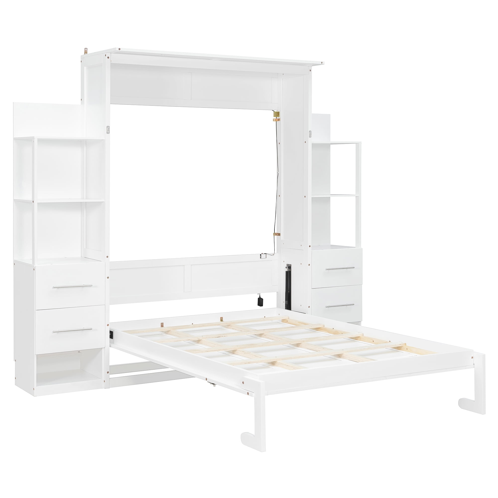 Mintazer Full Size Murphy Wall Bed with Storage Shelves & Drawers, Folding Bed with LED Lights for Guest Room Home Office, White