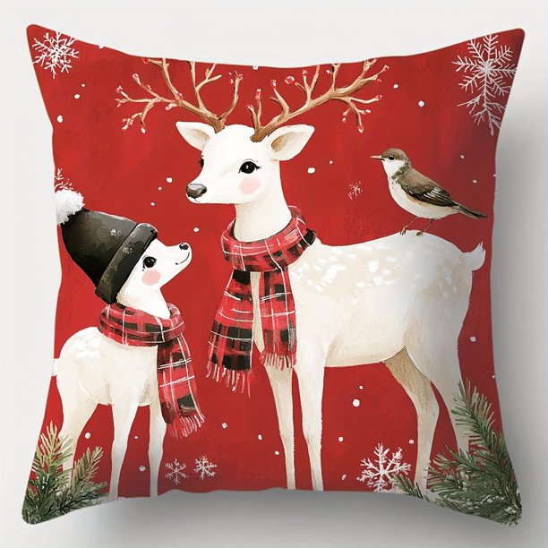 Funda de almohada con decoración navideña, regalo de Año Nuevo, bonita funda de almohada con estampado de muñeco de nieve y cervatillo, cojín para sofá, decoración del hogar