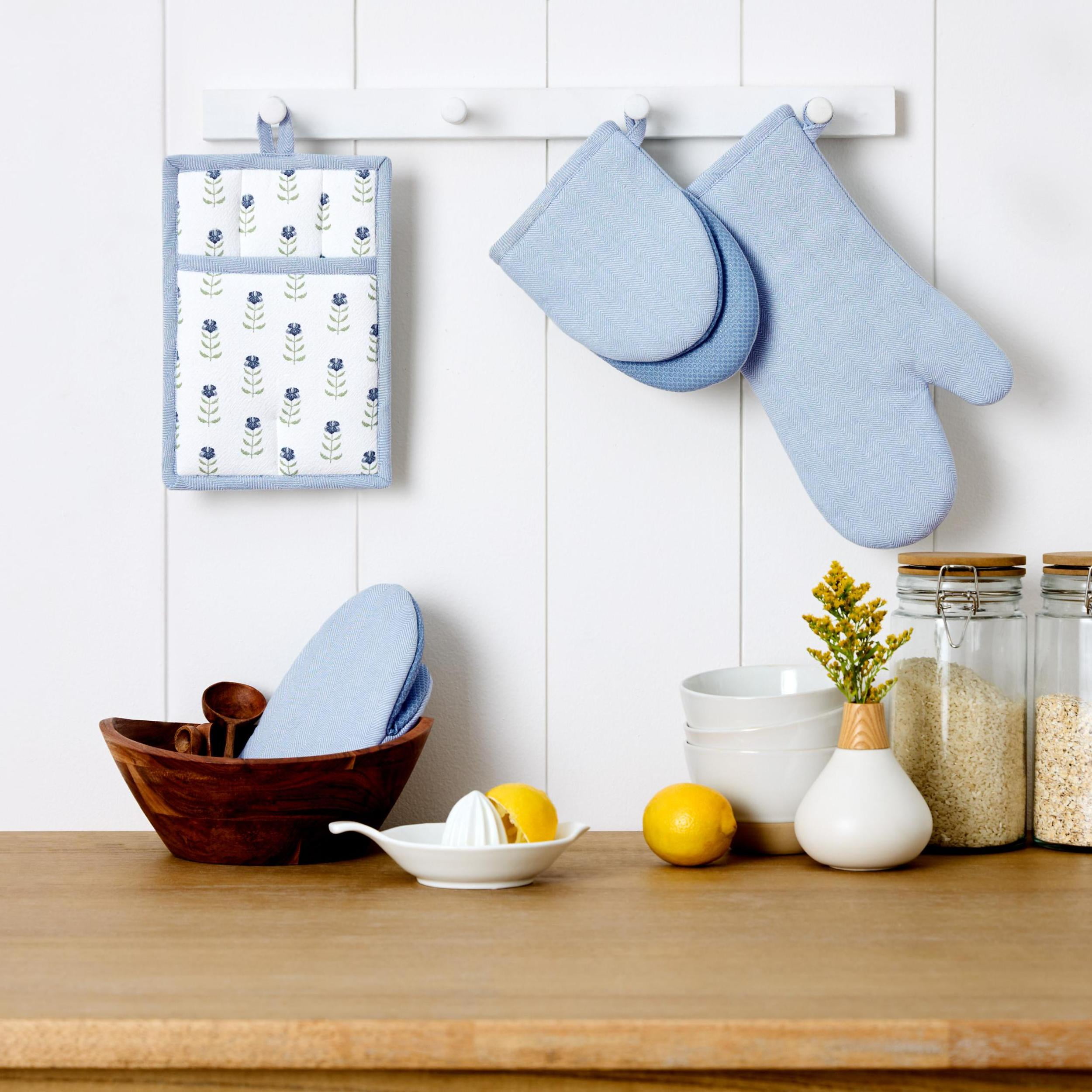 Beautiful Home by Drew Barrymore 4-Piece Oven Mitt, Pot Holder, Mini Mitt Set, Blue