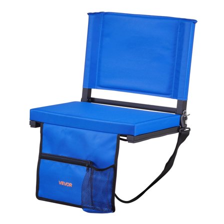 Dranite Portable Folding Bleacher Chair with Thick Padded Cushion, Back Support, Shoulder Strap, Cup Holder & Side Pocket - Blue Stadium Seat for Bleachers