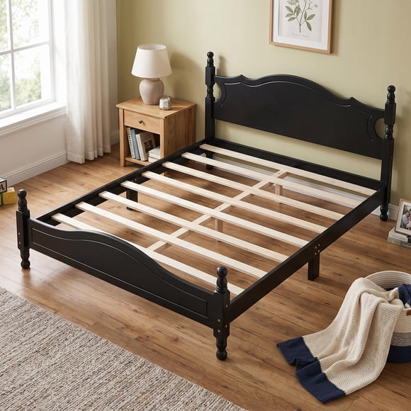 Homy Casa Full/Double Bed Frame 56.2" W with Wood Slats, Arched Headboard and Footboard for Bedroom, Guest Room, Apartment, Black