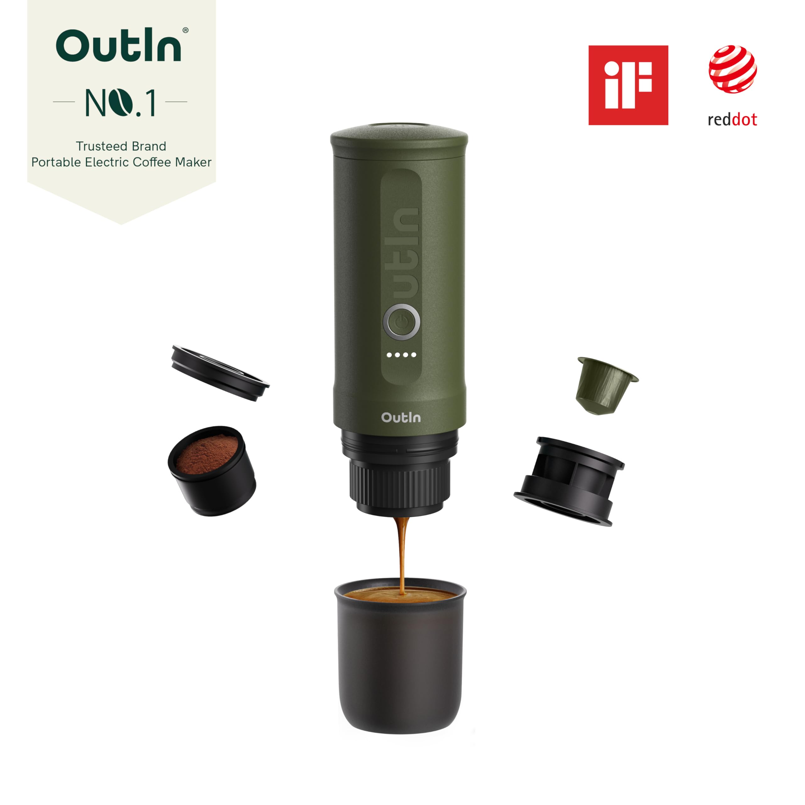 OutIn Nano Portable Electric Espresso Machine - Forest Green - Self-Heating Travel Coffee Maker w/USB-C, Works with Ground Coffee & Nespresso Capsules