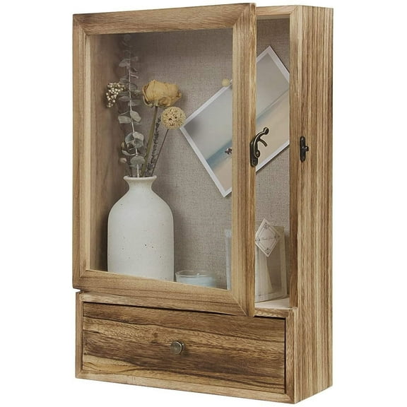 Xinhao 3.2" Deep Shadow Box Frame with Drawer & Glass Front, Rustic Brown Wood Display Case for Memorabilia, Photos, and Medals
