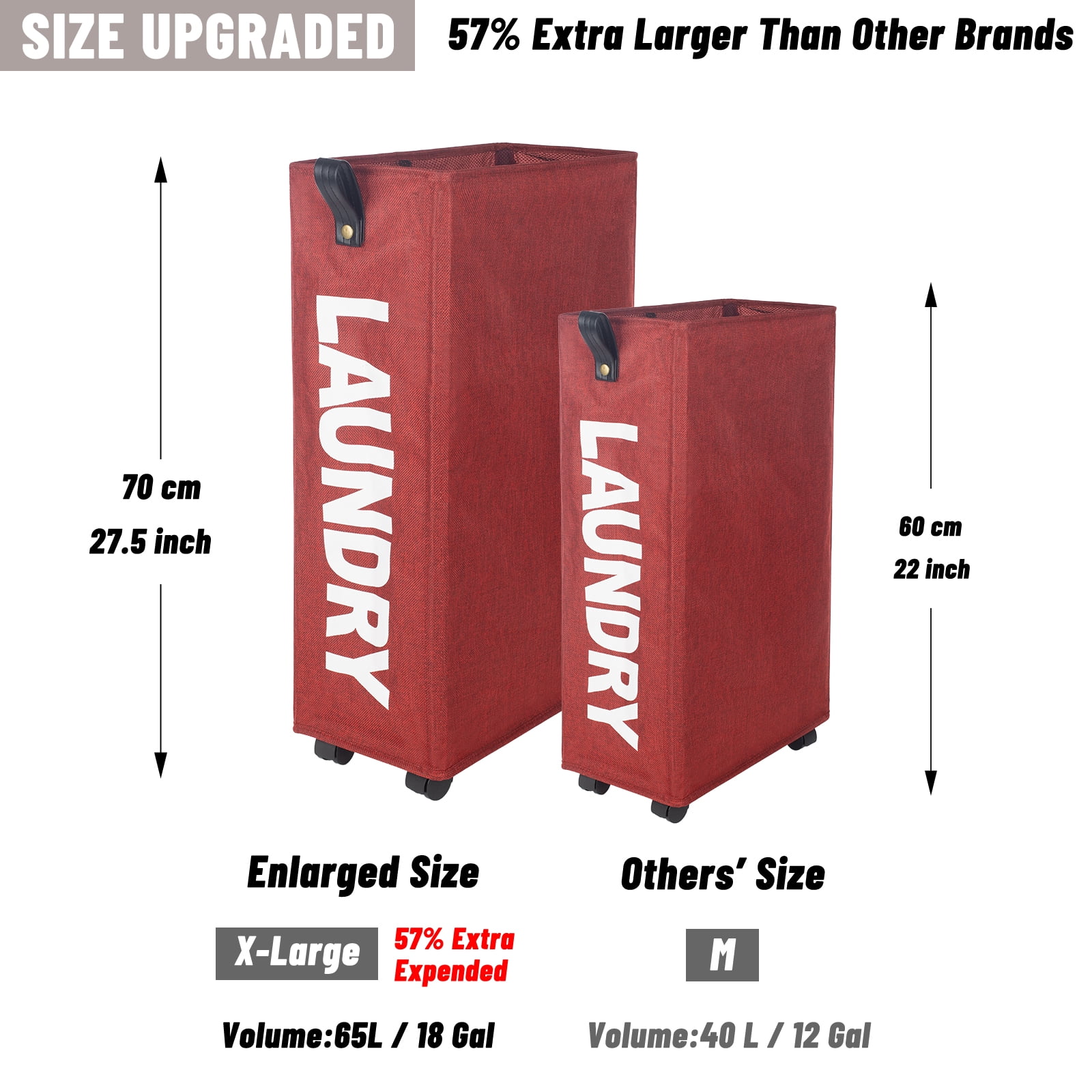 Caroeas X-Large Slim Laundry Baskets 27" Tall with Leather Handle, Laundry Basket on Wheels , Collapsible Laundry Hamper, Rolling Hamper Dorm Baskets (Red Linen)