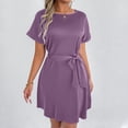thumbnail image 4 of Robe Décontractée Grande Taille pour Femmes à Manches Courtes avec Ceinture Nœud Col Rond Fluide Confortable pour Fête Vacances Printemps Automne Usage Quotidien, 4 of 6