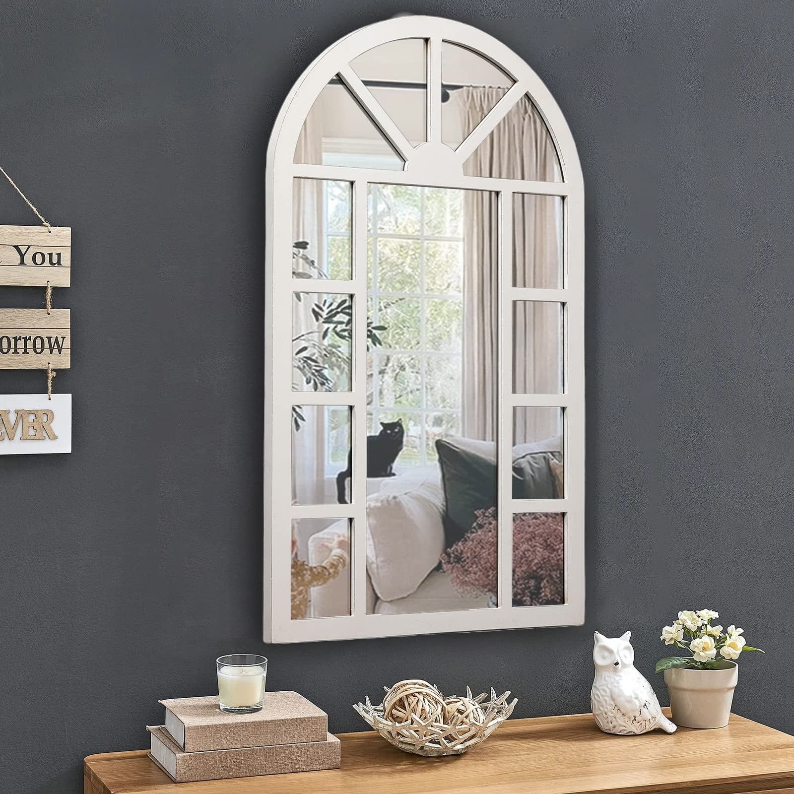 Farmhouse Large Arch Window Mirror, Distressed White Wood Mirror, 29.1 ...