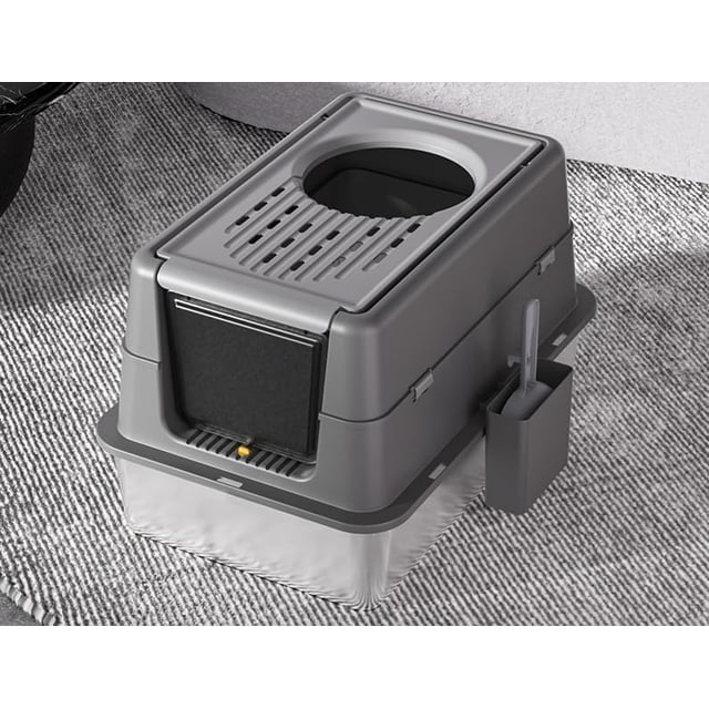 EastVita Extra Grand Acier Inoxydable Cat Litter Box avec Couvercle Rabattable, Noir Clair