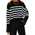 thumbnail image 2 of Langwyqu Striped Print Turtleneck Oversize Loose Knit Pullover Side Split Sweater, 2 of 4