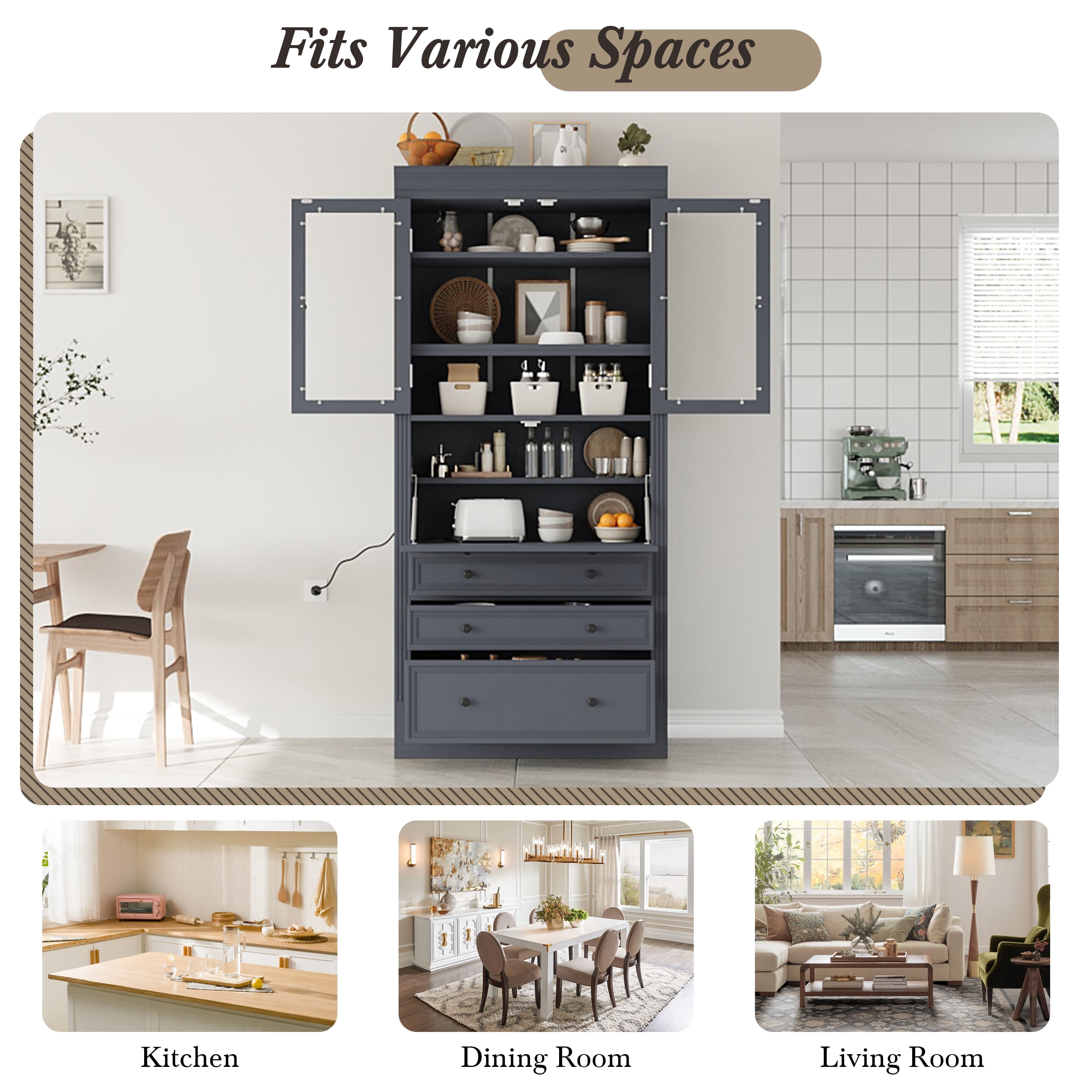 Harper & Bright Designs Tall Kitchen Pantry Cabinet with Power Outlets, Freestanding Cupboard with 3 Drawers and Adjustable Shelves for Dining Room, Grey