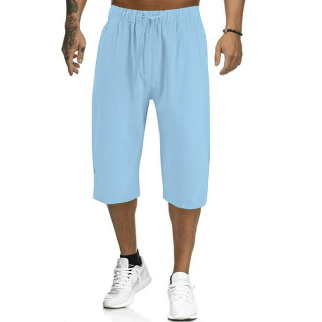 Innerwin Capri Pants Elastic Waist Men Yoga Pant Beach Solid Color Lightweight Capris Light Blue L