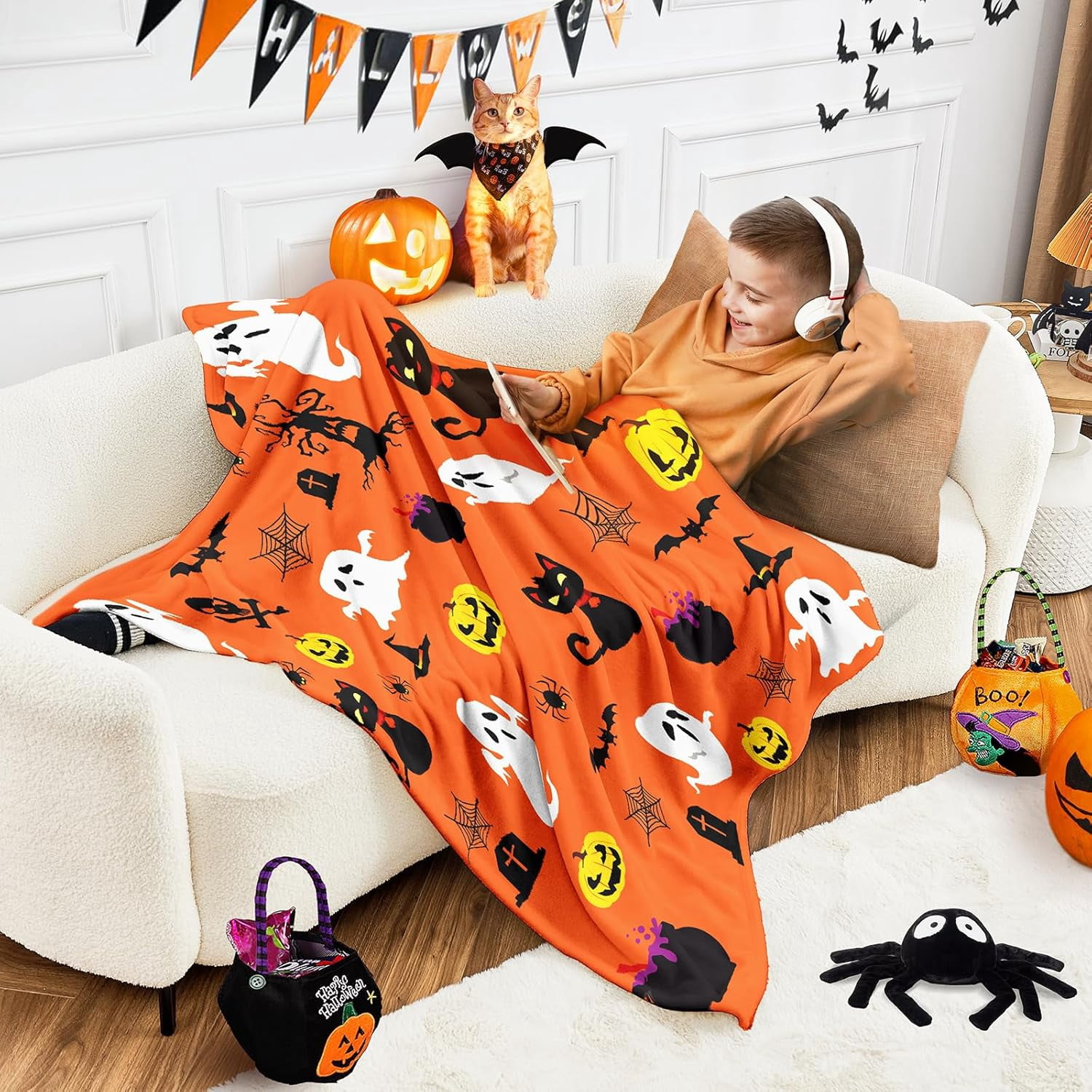 Fall Halloween Throw Blanket, Halloween Black Kitty Pumpkin Ghost Spooky Velvet Fleece for Sofa Bed Couch Chair Dorm 50" x 60"