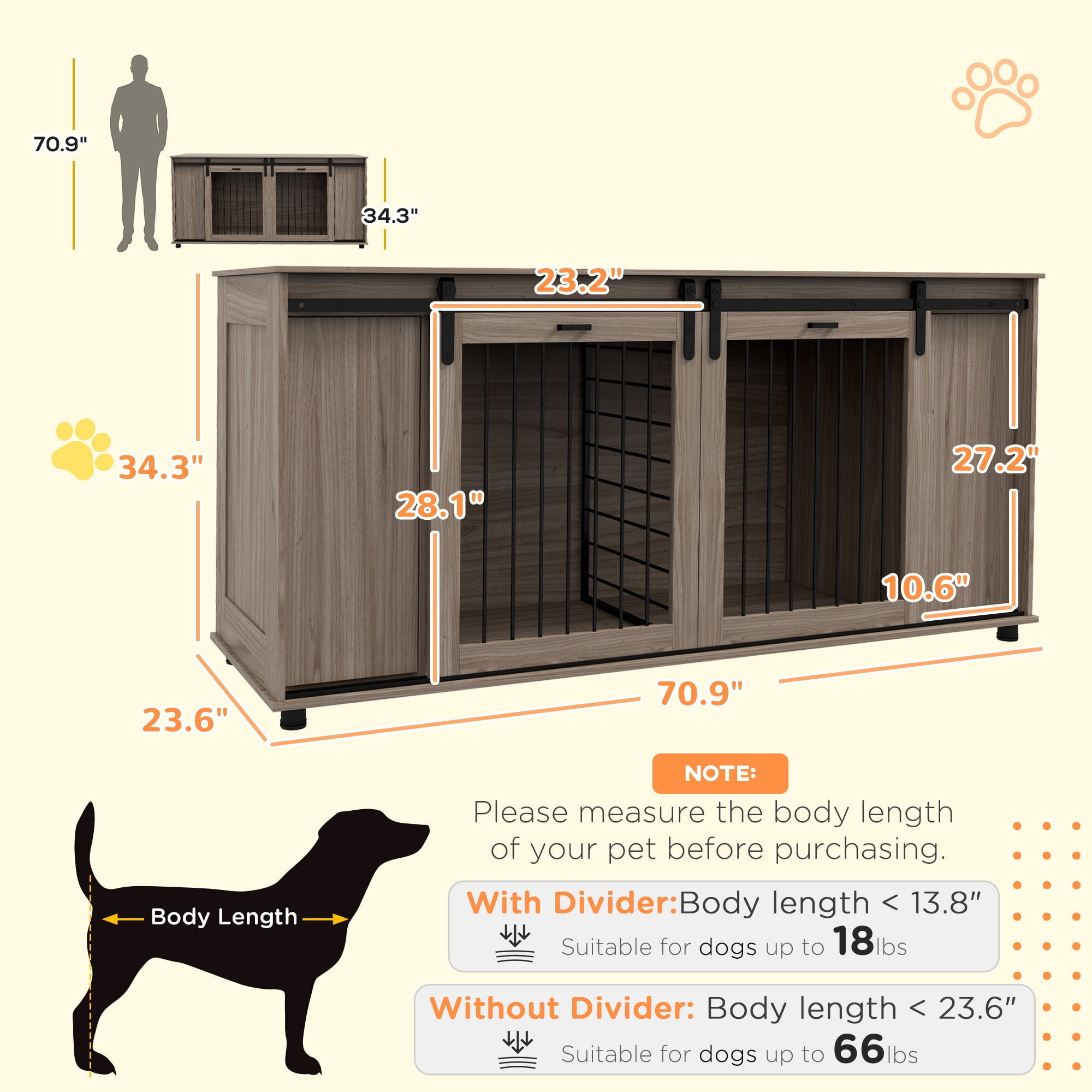 PawHut 71" Dog Crate Furniture with Removable Divider for 2 Small Dogs or 1 Large Dog, Dog Kennel Furniture with Storage, Double Doors