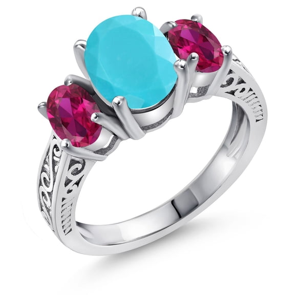 Gem Stone King 2.50 Ct Oval Green Turquoise Red Created Ruby 925 Sterling Silver Ring (Size 8)