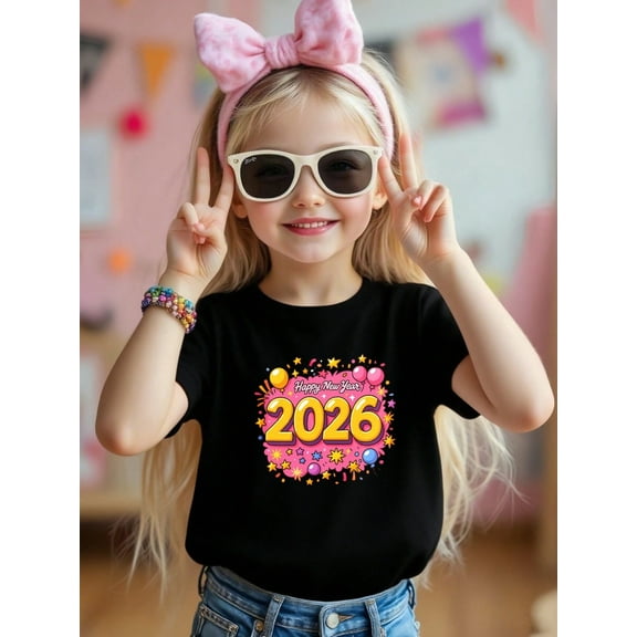 Happy New Year 2026 And Ballon Stars Patterned Novelty Graphic Kid T-Shirt Casual  Style With 100% Cotton Fabric,Suitable for Boys And Girls,Size From 3T-13Y,Ideal Gift for Kids