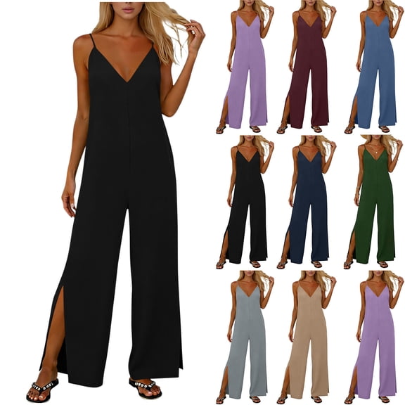 LEBONYARD Pink Jumpsuits for Women,Women's V-Neck Jumpsuit with Adjustable Straps Side Slits and Pockets Army Green S