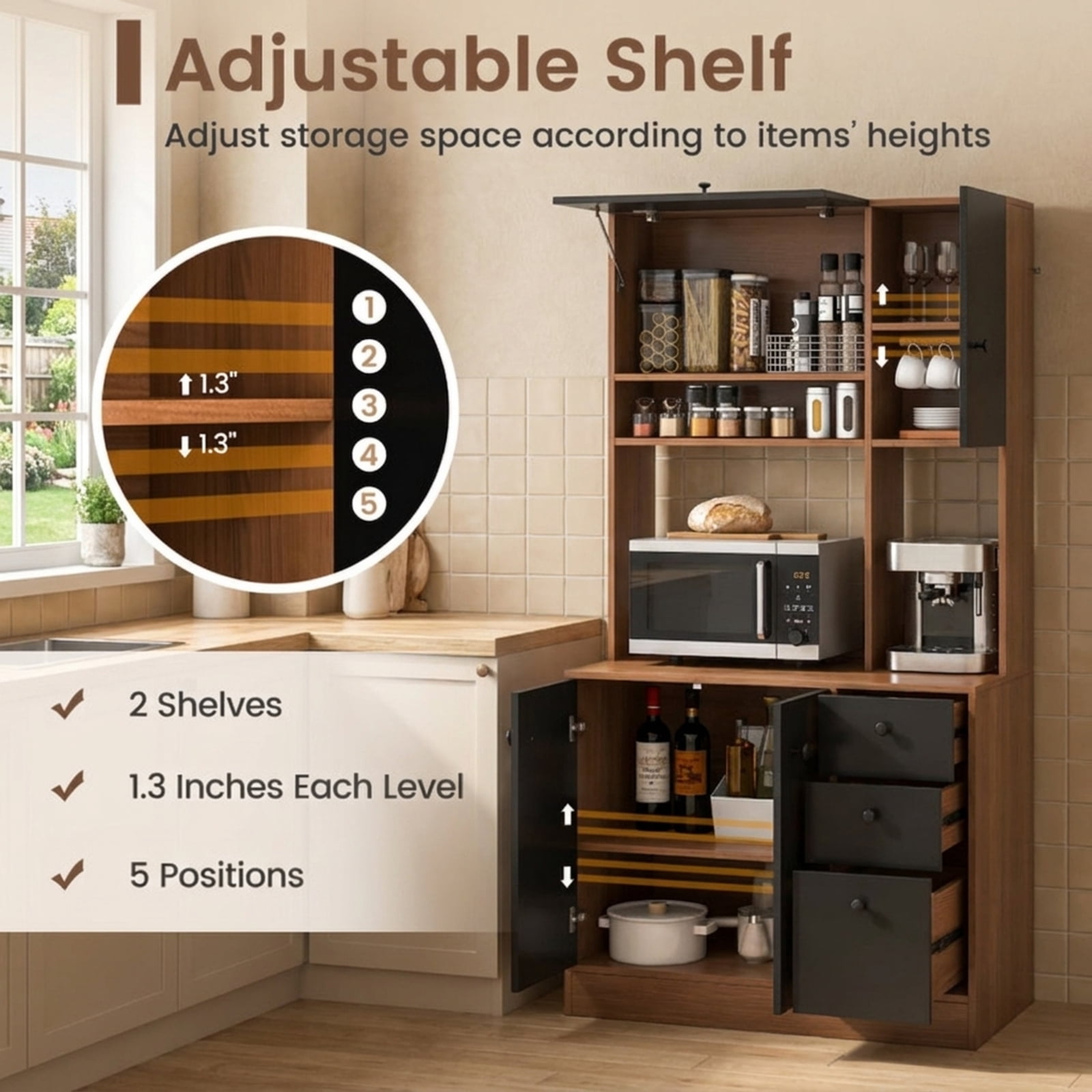 Furnibear Kitchen Pantry Cabinet 71 Inch Tall Freestanding Pantry Storage Cabinet with 3 Storage Cabinets and 3 Deep Drawers for Kitchen and Dining Room, Walnut