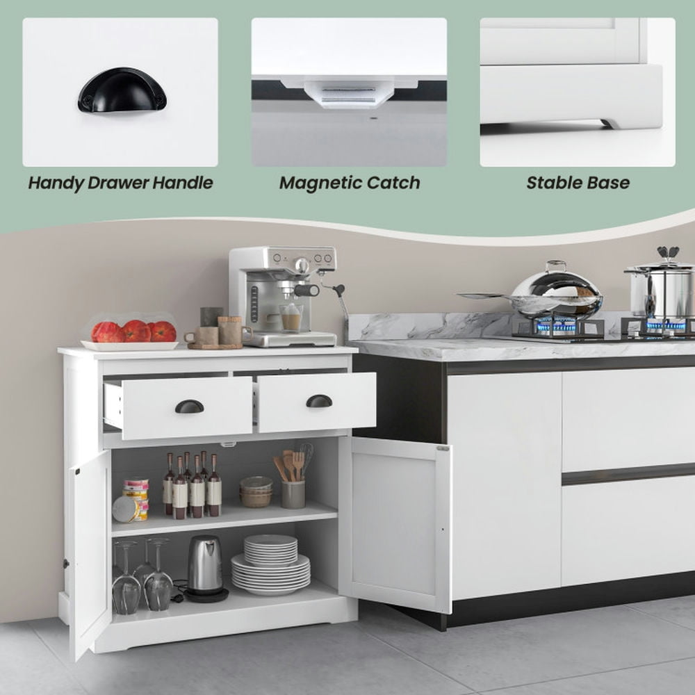 Finihen Kitchen Storage Cabinet, Buffet Sideboard, Kitchen Buffet Storage Cabinet with 2 Doors and 2 Storage Drawers, for Dining Room, Kitchen, Living Room, White Finihen Kitchen Storage Cabinet, Buffet Sideboard, Kitchen Buffet Storage Cabinet with 2 Doors and 2 Storage Drawers, for Dining Room, Kitchen, Living Room, White