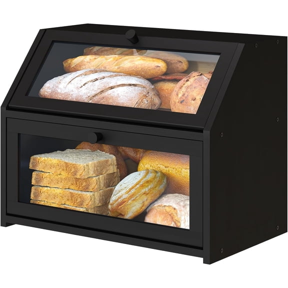 Black Bread Box for Kitchen Counter, Large Bread Storage Container, Double Layer Bamboo Wooden Large Capacity Bread Storage Bin