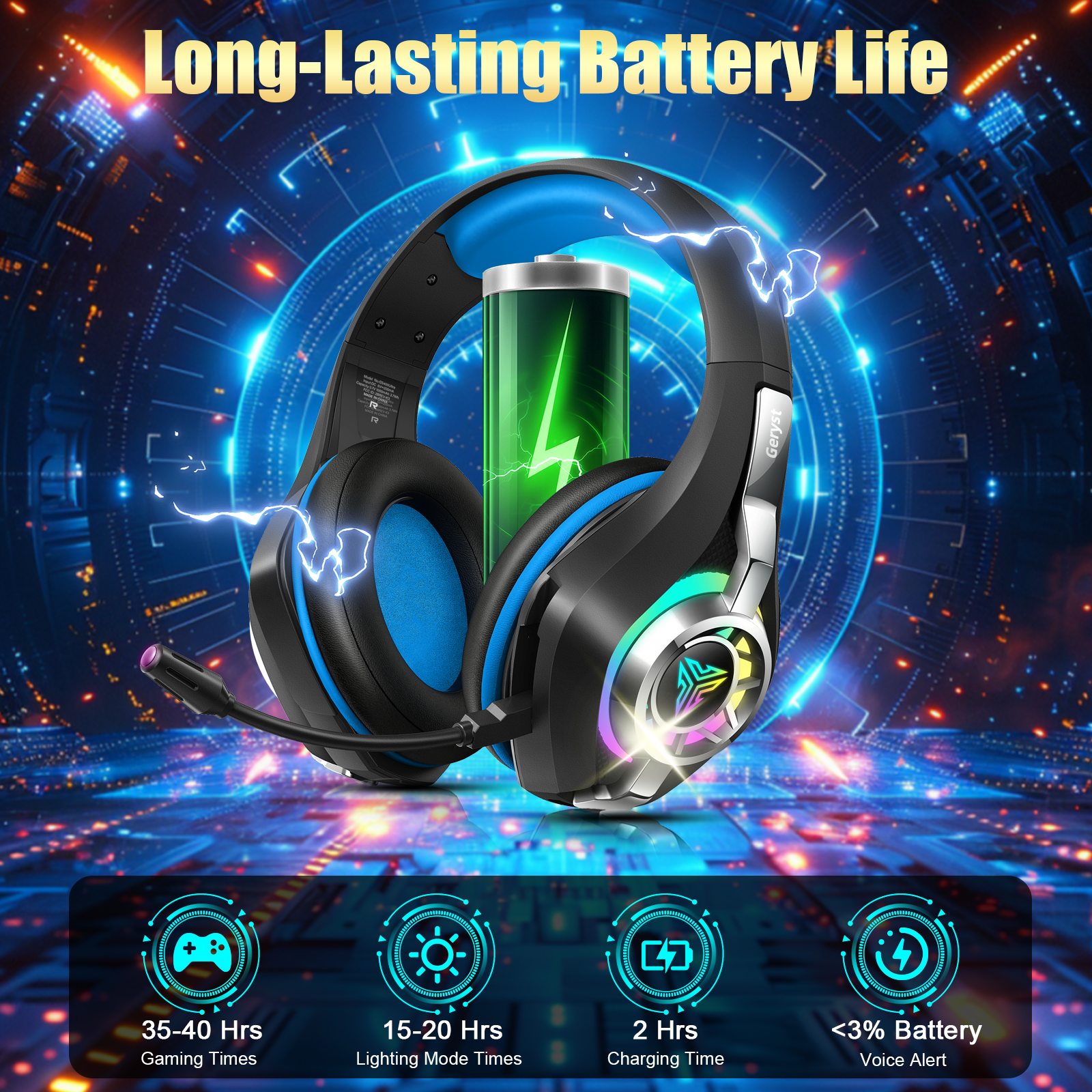 Geryst Wireless Gaming Headset, 7.1 Surround, Black photo 7