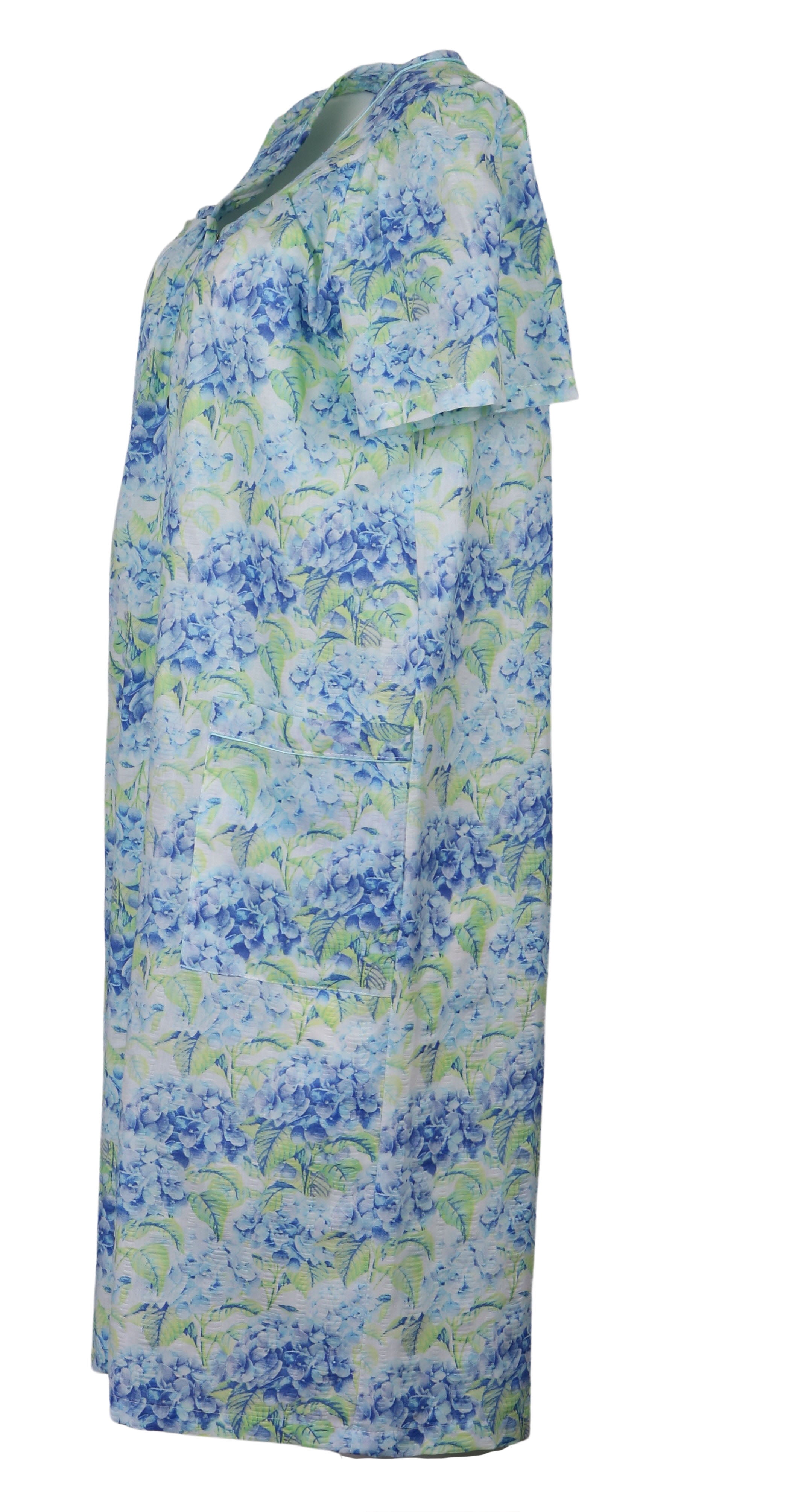 Elegant Emily Women's Snap-Front Duster Robe With Pockets - Blue Hydrangea - Large