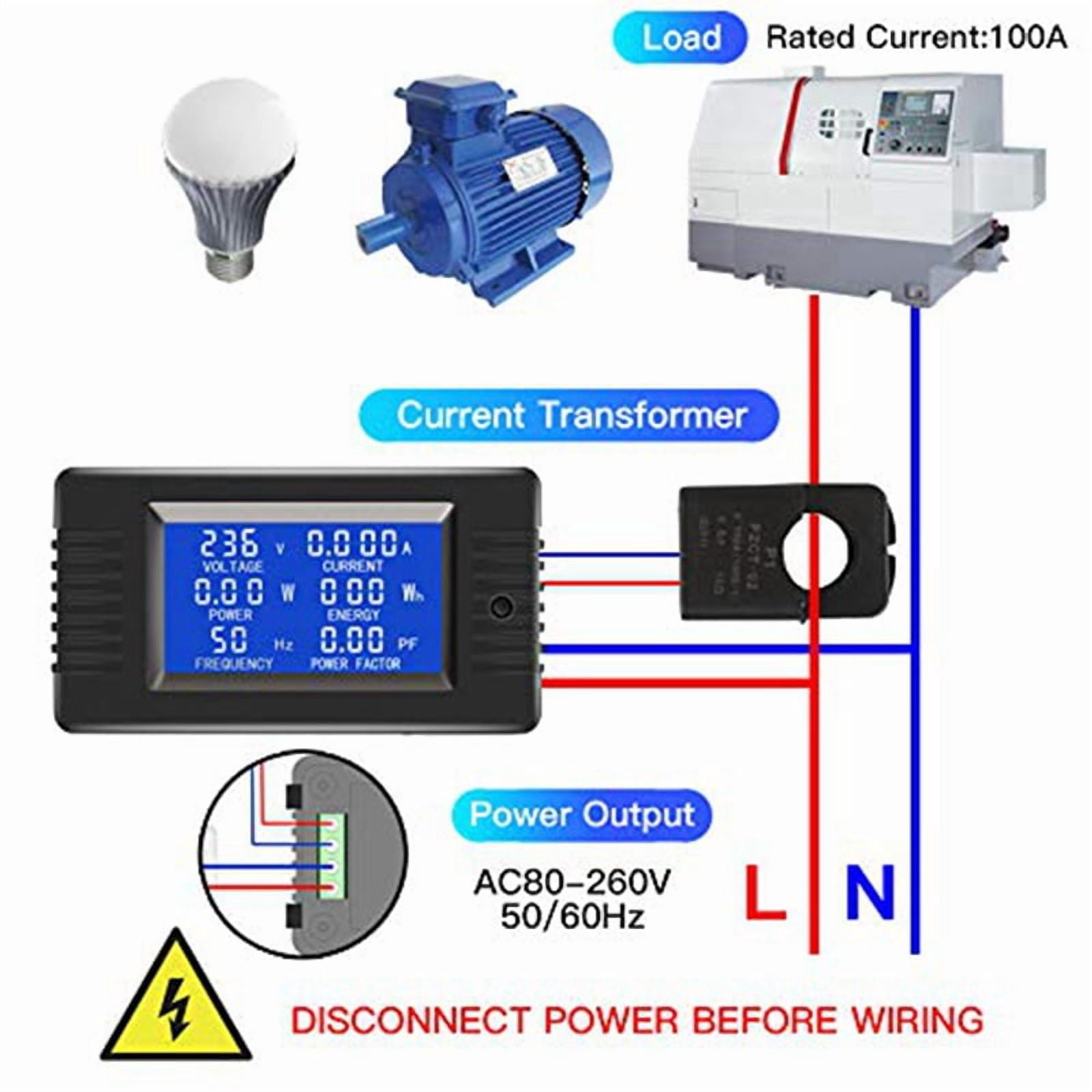 2pcs AC Voltage Current Power Panel Meter LCD Digital Display Ammeter Multimeter with Split Core Current Transformer