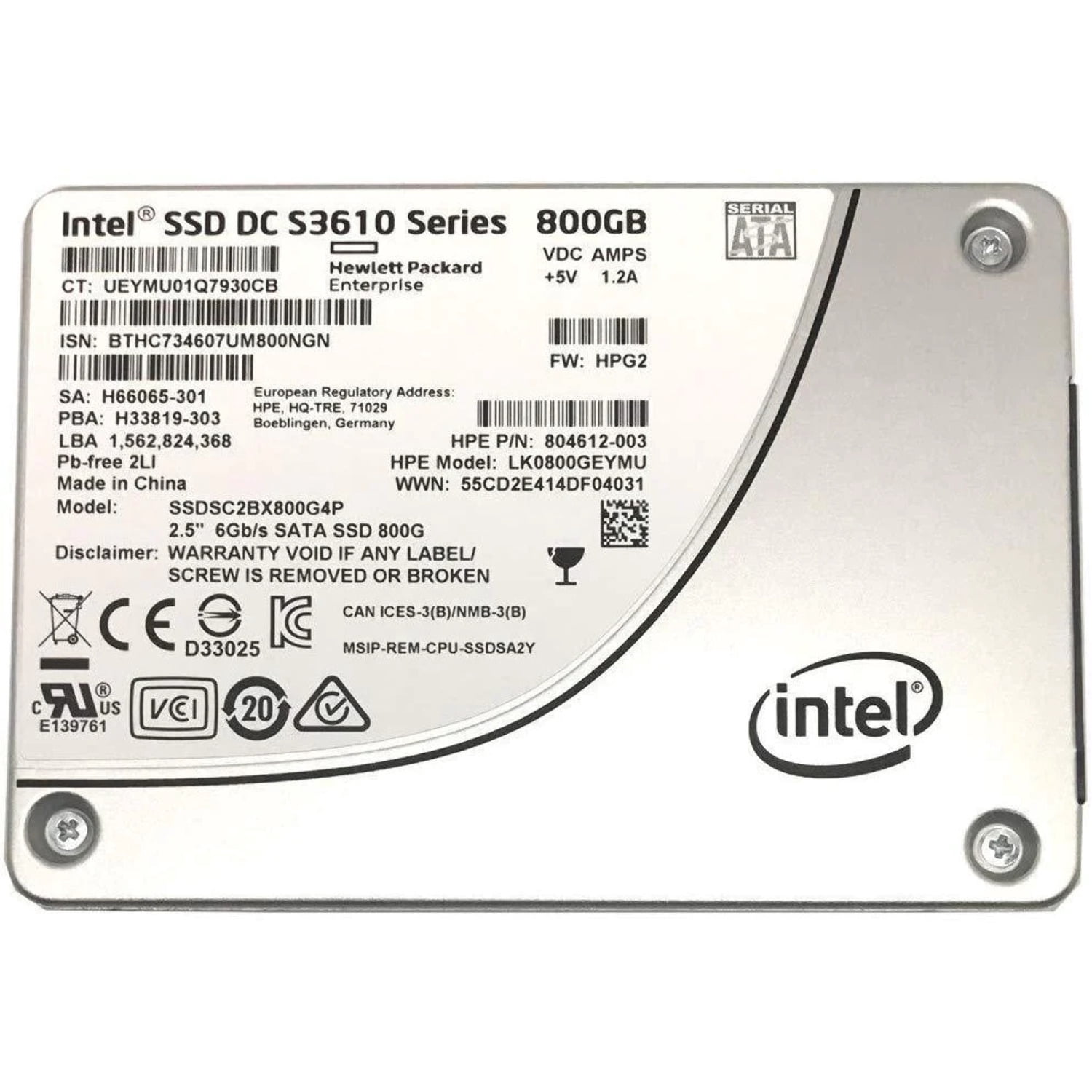 HP 804612-003 Intel DC S3610 Series 800GB 2.5-inch 7mm SATA III MLC (6.0Gb/s) Internal Solid State Drive (SSD) SSDSC2BX800G4P