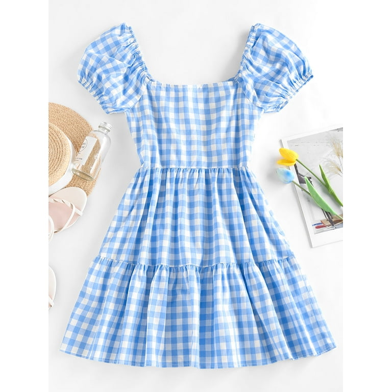 ZAFUL Women Sexy Prom Dress Puff Sleeve Plaid Tiered Milkmaid Dress Light  Blue XL - Walmart.com