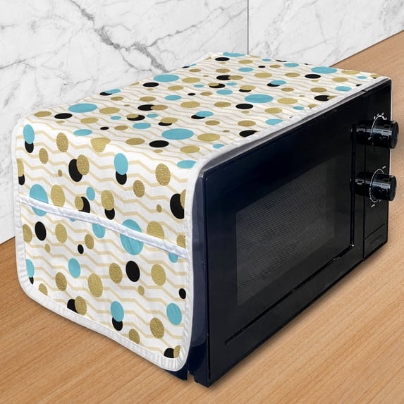 Abstract Microwave Oven Cover, Trippy Geometric Circles Dotted Yellow Rounds on Zig Zag Lines Background Art Print, Water Resistant Organizer with Pockets for Kitchen, 36" x 12", Aqua, by Ambesonne