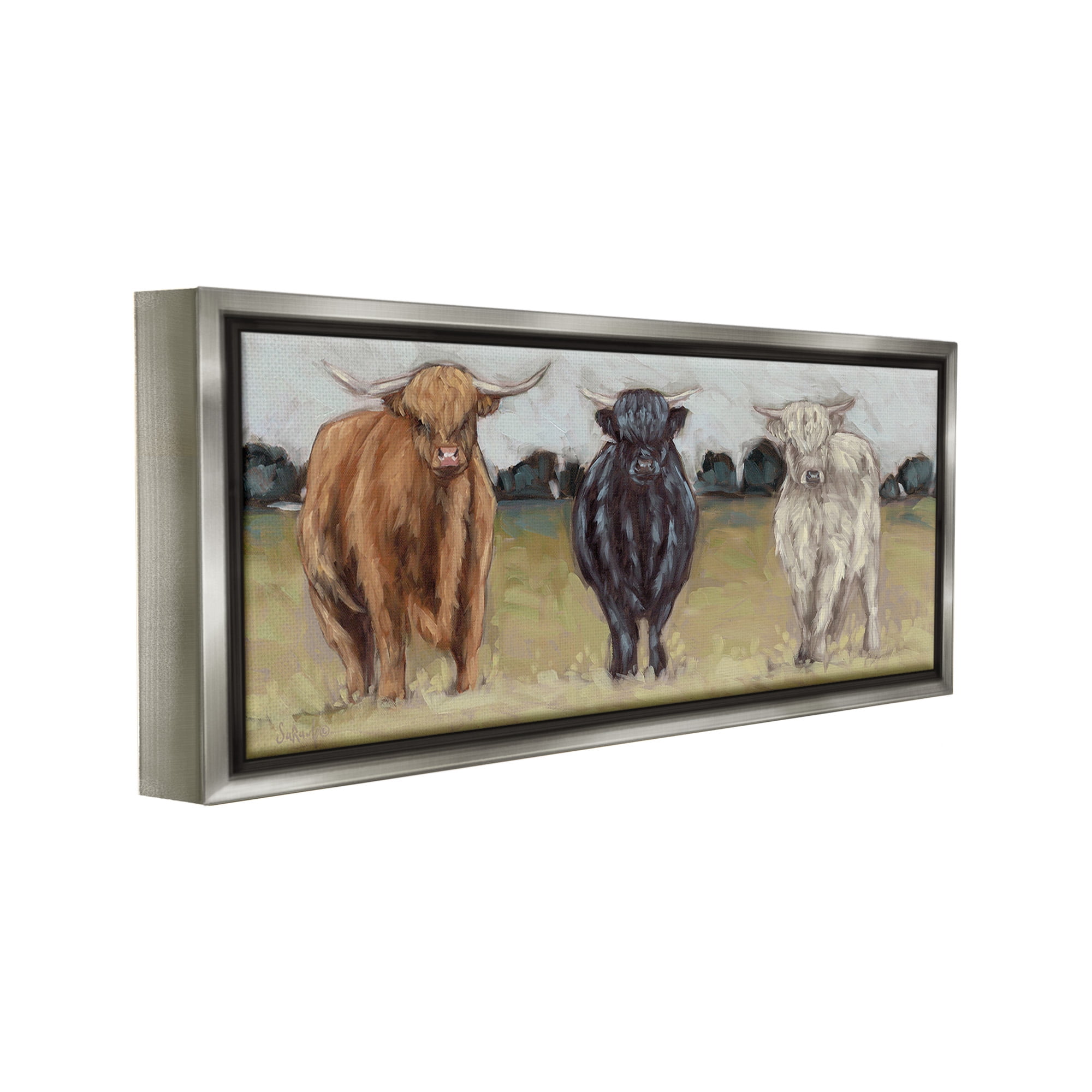 Stupell Industries Cattle Trio in Pasture Animals & Insects Painting Gray Floater Framed Canvas Art Print Wall Art, 31 x 14