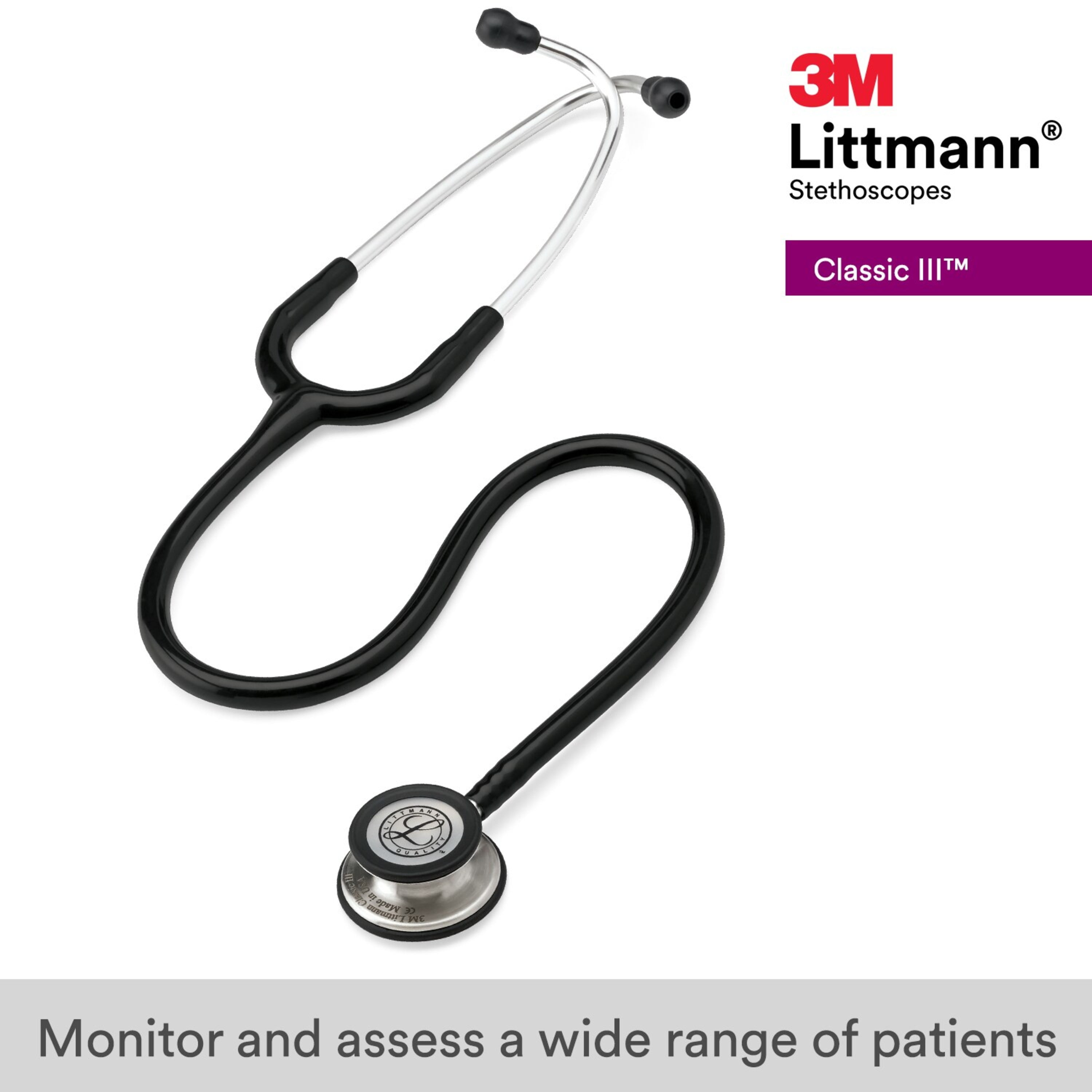 3M Littmann Classic III Monitoring Stethoscope, 5620, Stainless Steel Chestpiece, 27" Black Tube