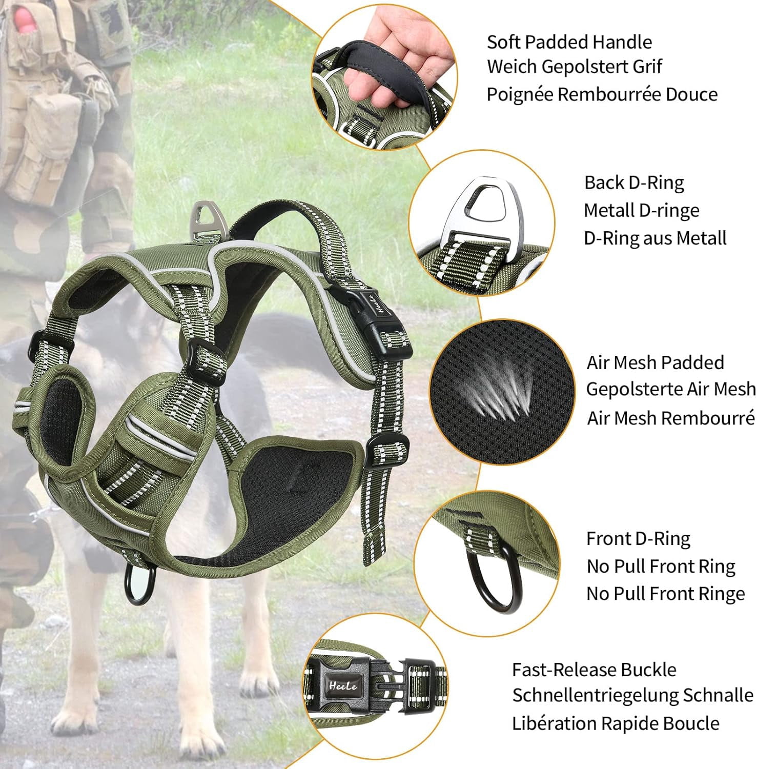 Dog Harness, Dog Harness for Small Medium Large Dogs No Pull Adjustable Padded Reflective Harness with Handle for Walking Training, Green, S
