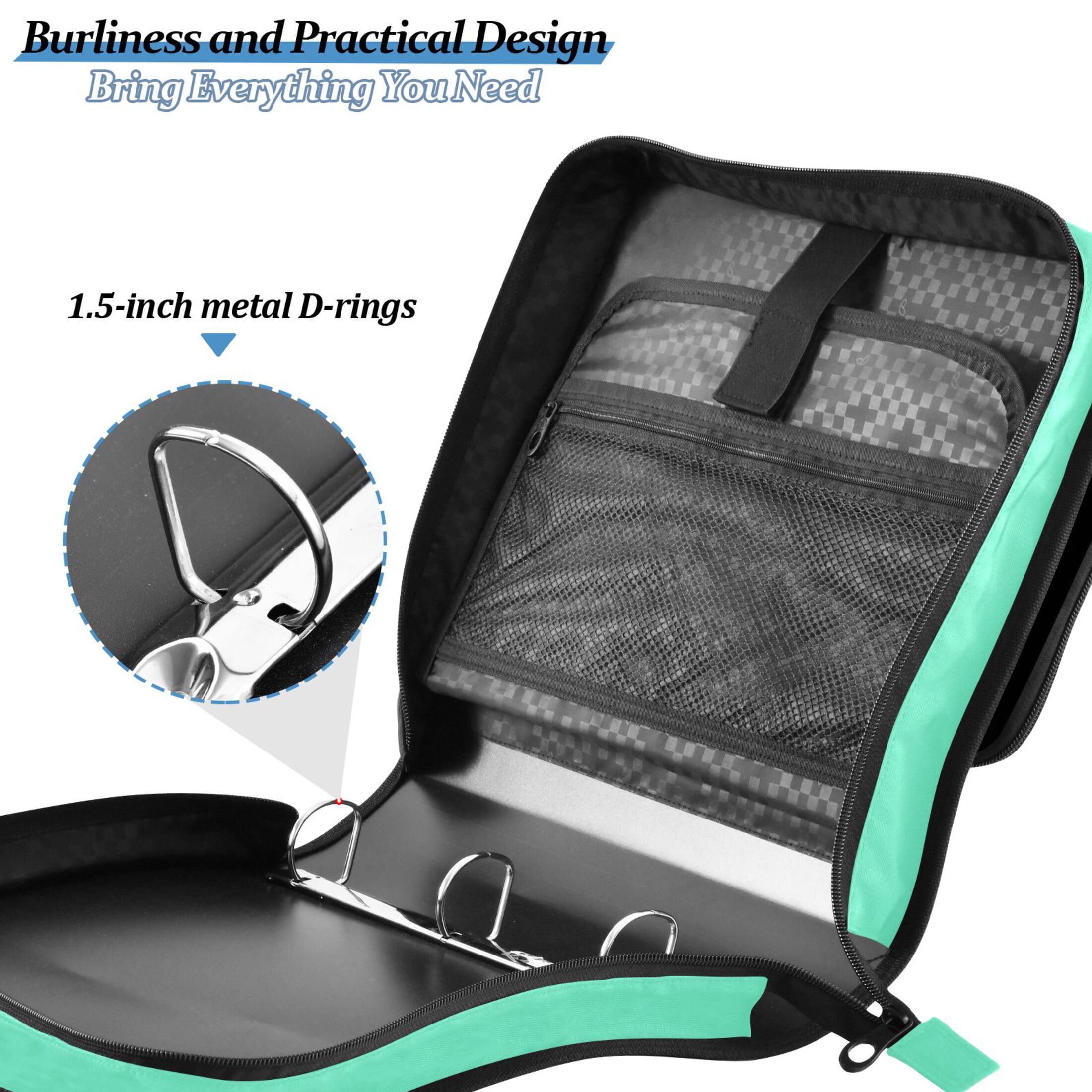 3 Ring Zipper Binder with Shoulder Strap Waterproof Trapper Keeper 2 Inch D-Ring 500 Sheets Capacity Spearmint