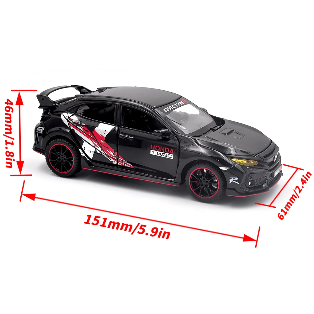 The 1:32 scale is suitable for Honda Civic alloy die-cast car models, equipped with openable doors, lights, sound and spring-back function. Boys' toy cars, children's birthday gift toy cars.