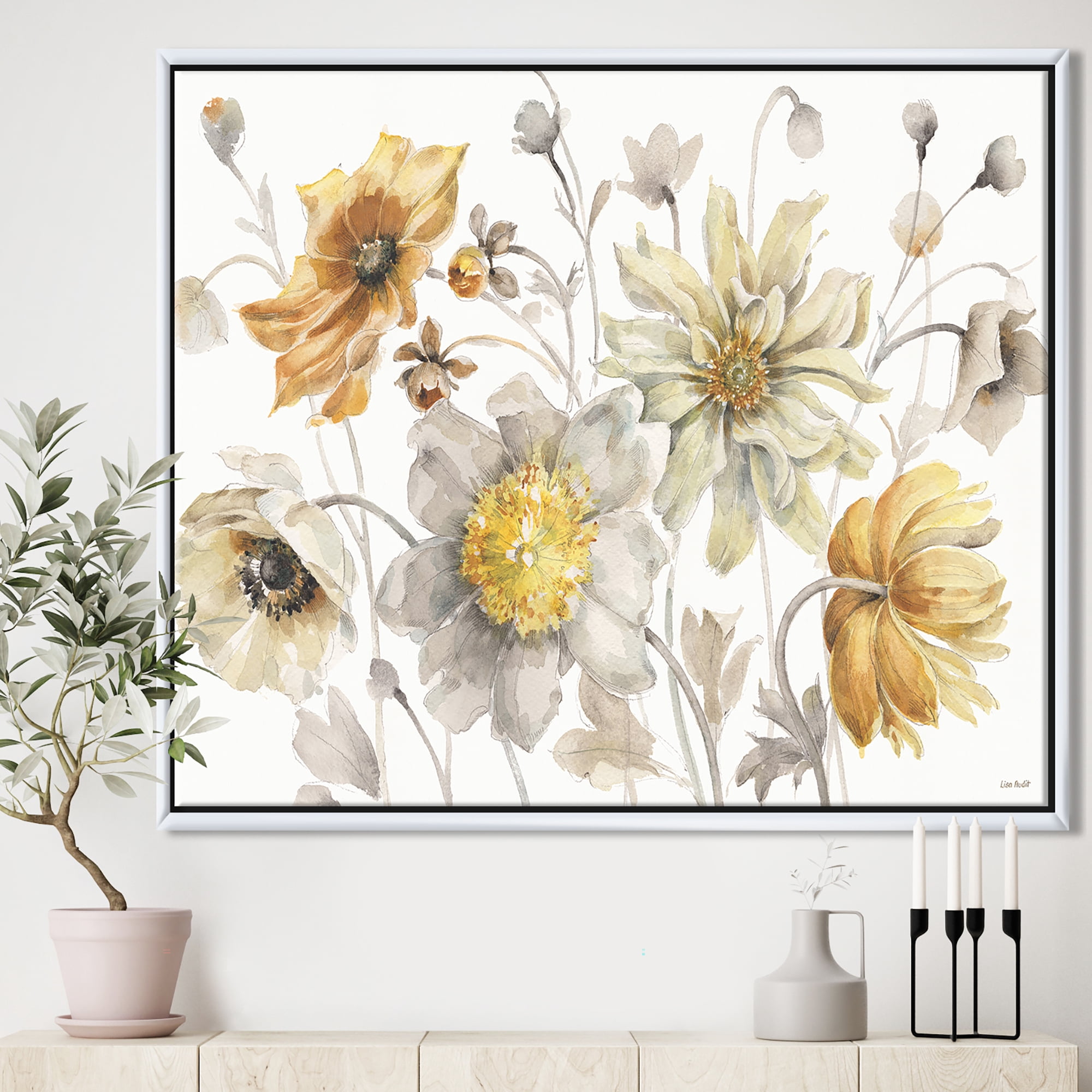 Designart ' Fields of Gold Watercolor Flower VII ' Traditional Framed Canvas