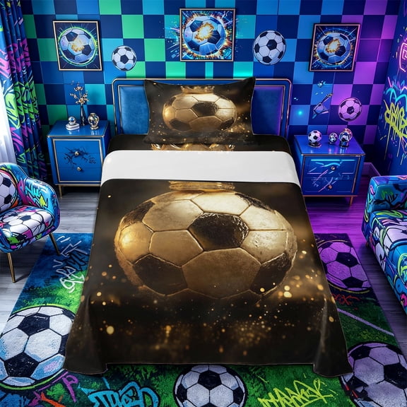 Castle Fairy Luxury Golden Soccer Ball Twin Sheets 3pcs, Crown Sparkle Design Bedding, Gold Black,1 Fitted Sheet, 1 Flat Sheet and 1 Pillowcase