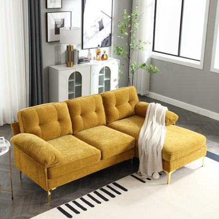 83" L Shaped Sectional Sofa, Chenille 3-Seater Sofa with Reversible Chaise, Modern Soft Cushion Fluffy Armrest Convertible Couch for Living Room Apartment Small Spaces (Yellow)